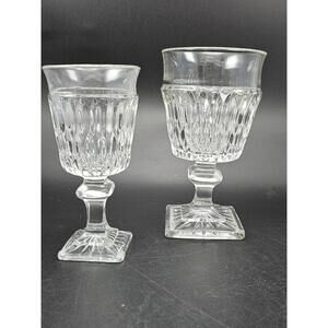 2 Indiana Glass Mt. Vernon Clear Goblets 6" Water & 5.25" Wine Square Base